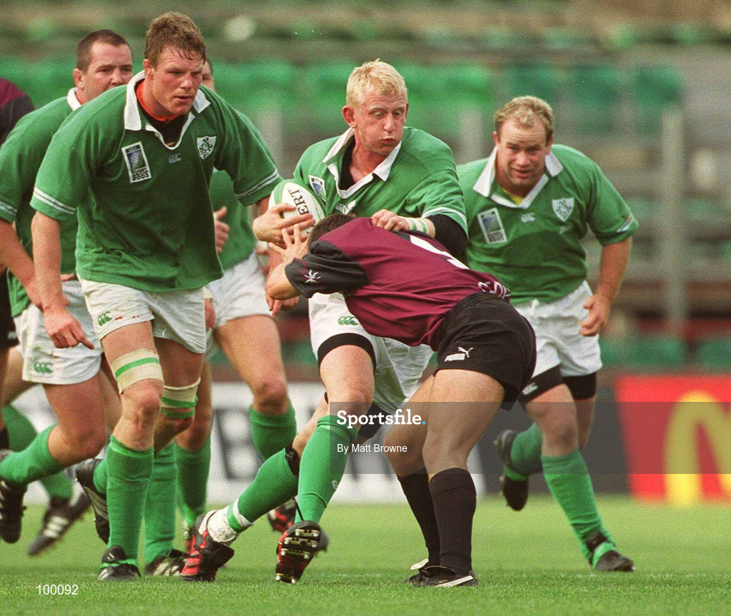 28 September 2002; Leo Cullen of Ireland is tackled by Irakli Abusseridze of Georgia during the Rugby World Cup 2003 Qualifier match between Ireland and Georgia at Lansdowne Road in Dublin. Photo by Matt Browne/Sportsfile