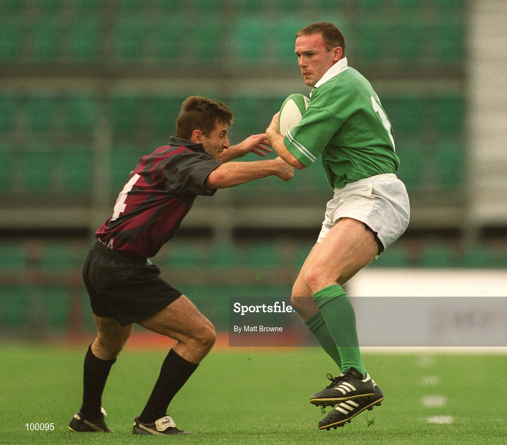 28 September 2002; John Kelly of Ireland is tackled by Malkahz Urjukashvili of Georgia during the Rugby World Cup 2003 Qualifier match between Ireland and Georgia at Lansdowne Road in Dublin. Photo by Matt Browne/Sportsfile
