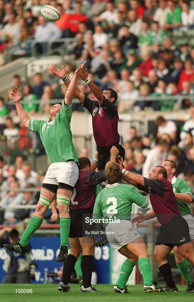 28 September 2002; Malcolm O'Kelly of Ireland in action against Ilia Zedguinidze of Georgia during the Rugby World Cup 2003 Qualifier match between Ireland and Georgia at Lansdowne Road in Dublin. Photo by Matt Browne/Sportsfile