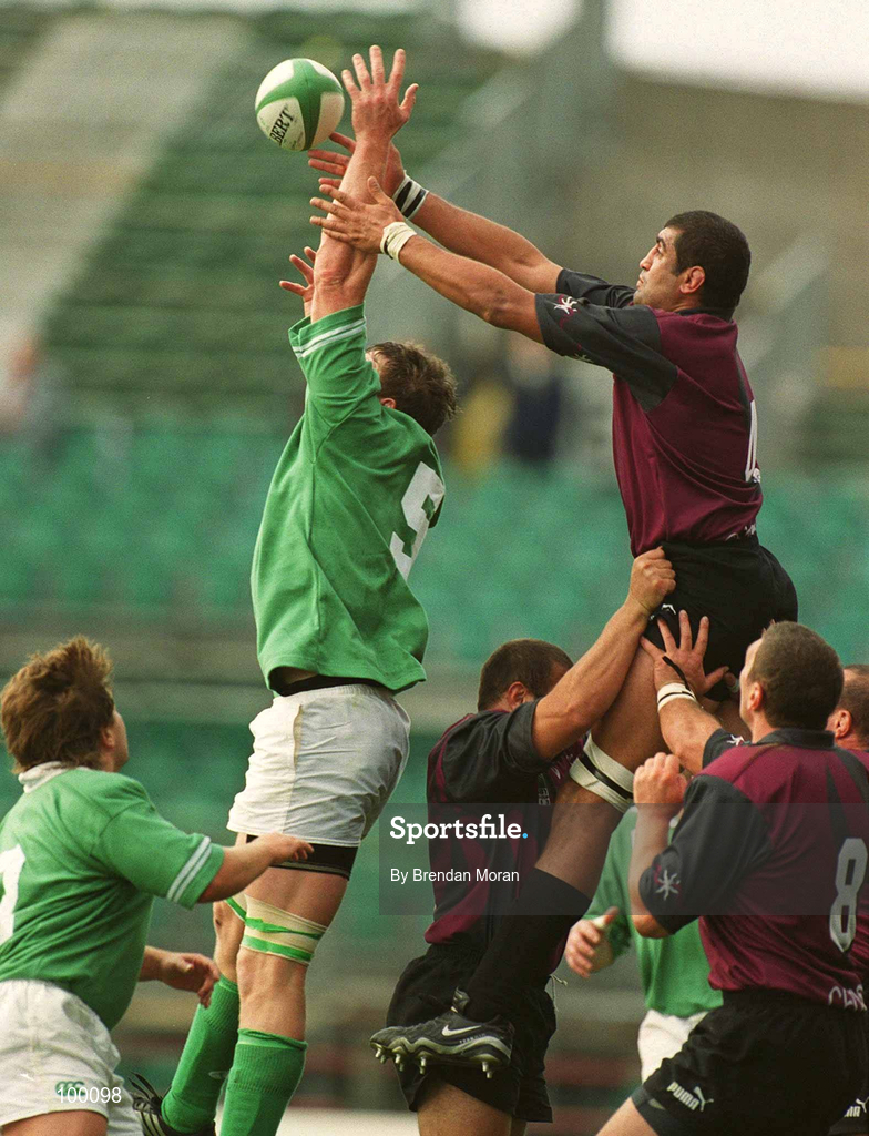 28 September 2002; Malcolm O'Kelly of Ireland in action against Ilia Zedguinidze of Georgia during the Rugby World Cup 2003 Qualifier match between Ireland and Georgia at Lansdowne Road in Dublin. Photo by Brendan Moran/Sportsfile