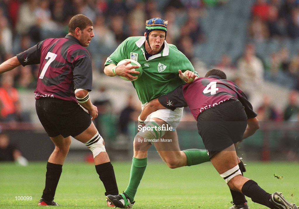 28 September 2002; Simon Easterby of Ireland in action against Vano Nadiradze, right, and George Chkhaidze of Georgia during the Rugby World Cup 2003 Qualifier match between Ireland and Georgia at Lansdowne Road in Dublin. Photo by Brendan Moran/Sportsfile