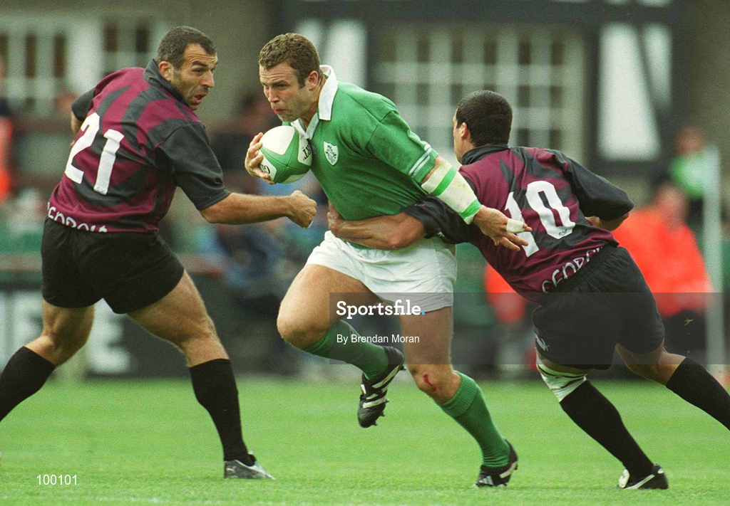 28 September 2002; Kevin Maggs of Ireland in action against Paul Jimsheladze and Vassil Katsadze of Georgia during the Rugby World Cup 2003 Qualifier match between Ireland and Georgia at Lansdowne Road in Dublin. Photo by Brendan Moran/Sportsfile