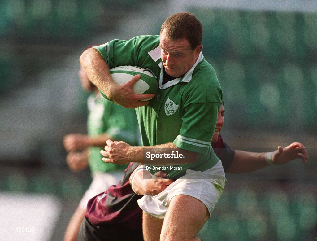 28 September 2002; Denis Hickie of Ireland in action against Vano Nadiradze of Georgia during the Rugby World Cup 2003 Qualifier match between Ireland and Georgia at Lansdowne Road in Dublin. Photo by Brendan Moran/Sportsfile