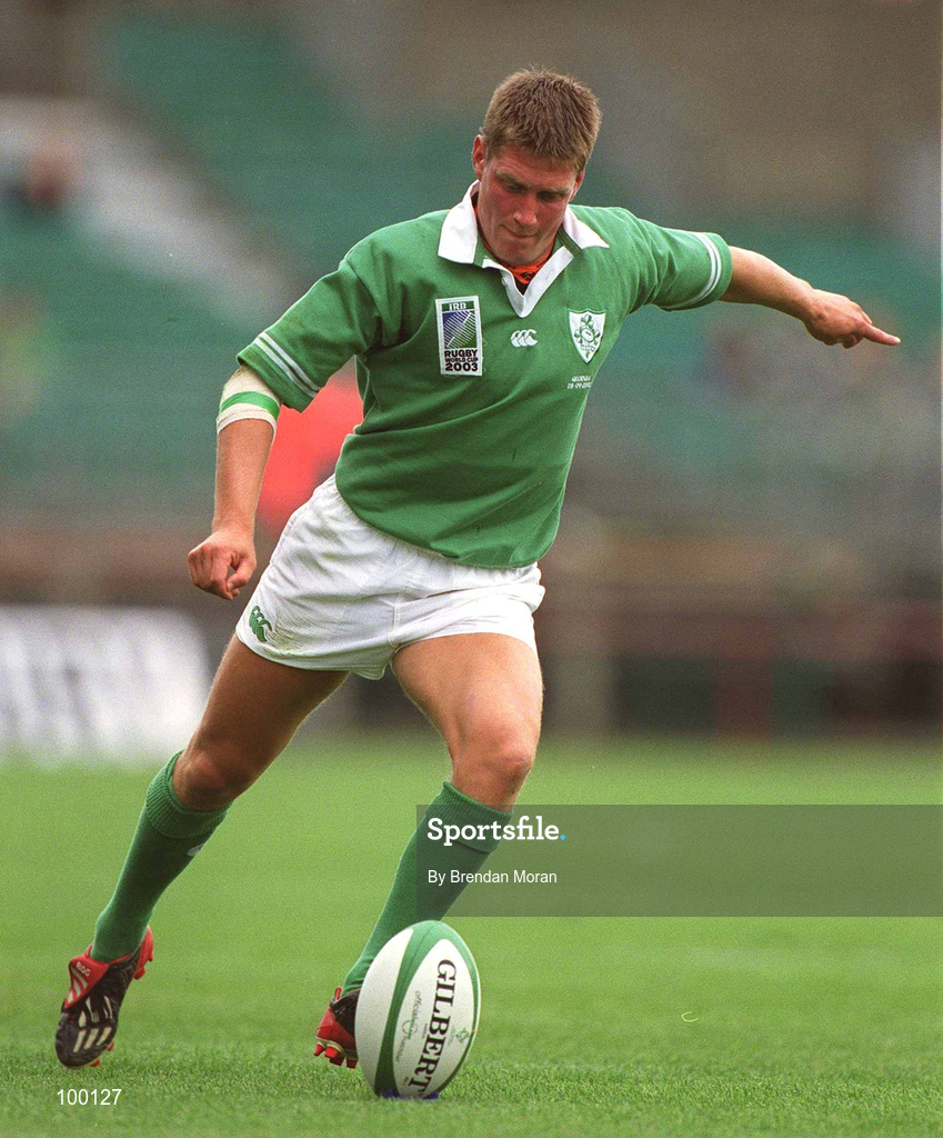 28 September 2002; Ronan O'Gara of Ireland during the Rugby World Cup 2003 Qualifier match between Ireland and Georgia at Lansdowne Road in Dublin. Photo by Brendan Moran/Sportsfile