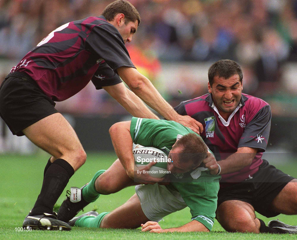 28 September 2002; Keith Gleeson of Ireland in action against Tedo Zibzibadze and Kakha Alania of Georgia during the Rugby World Cup 2003 Qualifier match between Ireland and Georgia at Lansdowne Road in Dublin. Photo by Brendan Moran/Sportsfile
