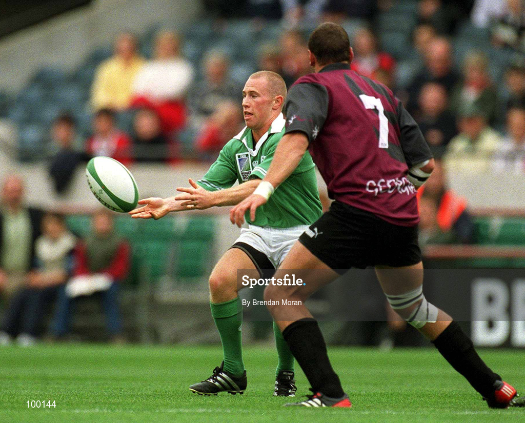 28 September 2002; Peter Stringer of Ireland in action against George Chkhaidze of Georgia during the Rugby World Cup 2003 Qualifier match between Ireland and Georgia at Lansdowne Road in Dublin. Photo by Brendan Moran/Sportsfile