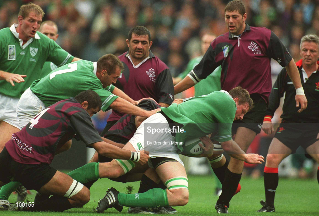 28 September 2002; Malcolm O'Kelly of Ireland is tackled by Vano Nadiradze of Georgia during the Rugby World Cup 2003 Qualifier match between Ireland and Georgia at Lansdowne Road in Dublin. Photo by Brendan Moran/Sportsfile