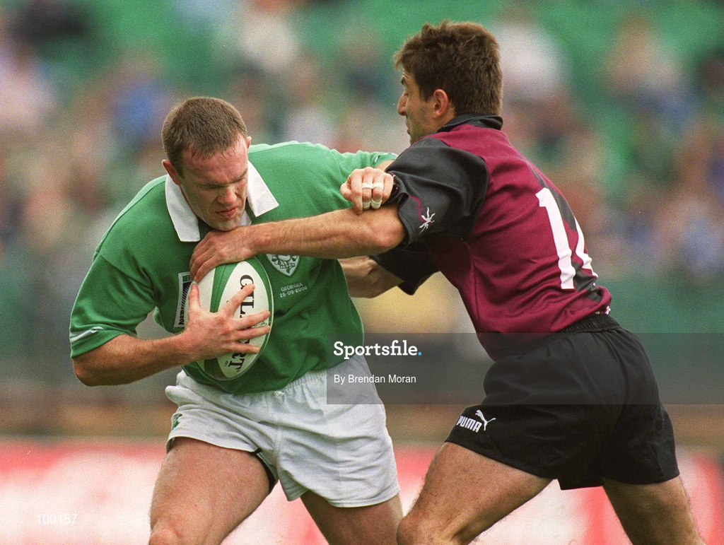 28 September 2002; John Kelly of Ireland in action against Malkhaz Urjukashvili of Georgia during the Rugby World Cup 2003 Qualifier match between Ireland and Georgia at Lansdowne Road in Dublin. Photo by Brendan Moran/Sportsfile