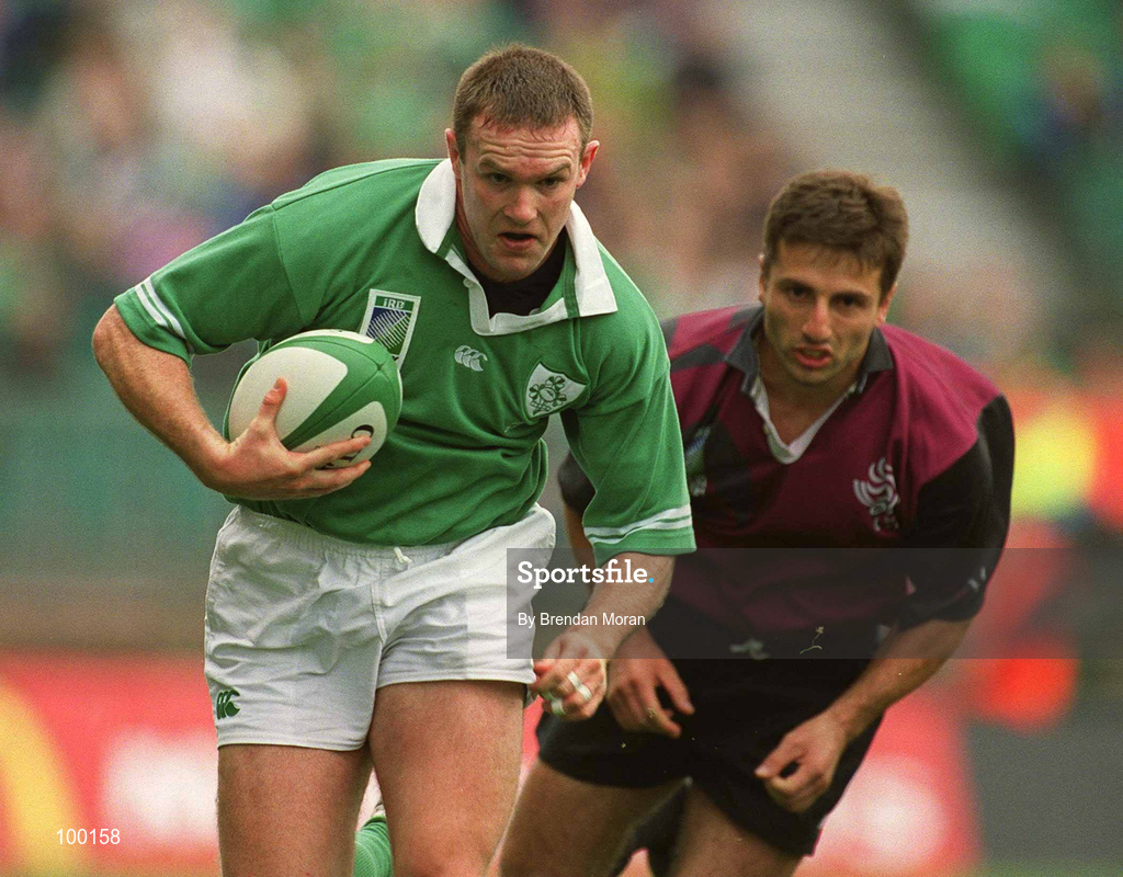 28 September 2002; John Kelly of Ireland in action against Malkhaz Urjukashvili of Georgia during the Rugby World Cup 2003 Qualifier match between Ireland and Georgia at Lansdowne Road in Dublin. Photo by Brendan Moran/Sportsfile