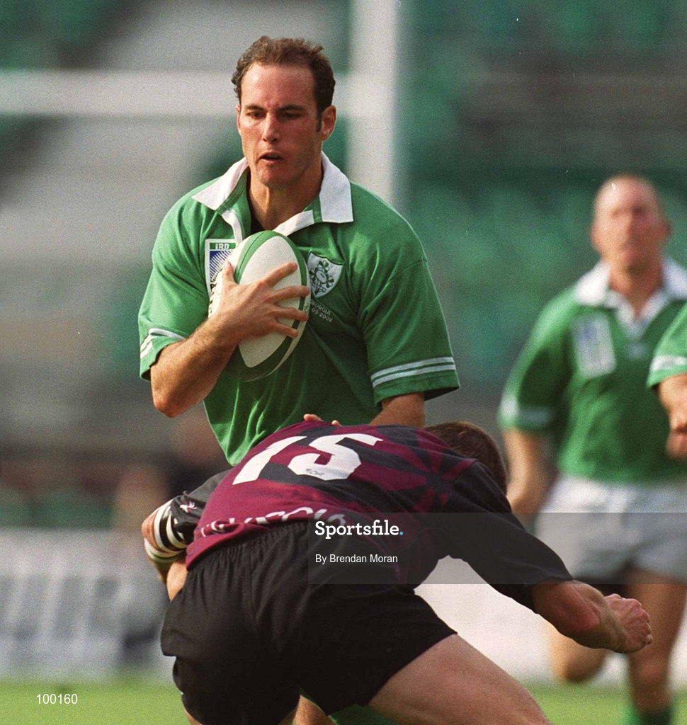 28 September 2002; Girvan Dempsey of Ireland in action against Bessik Khamashuridze of Georgia during the Rugby World Cup 2003 Qualifier match between Ireland and Georgia at Lansdowne Road in Dublin. Photo by Brendan Moran/Sportsfile