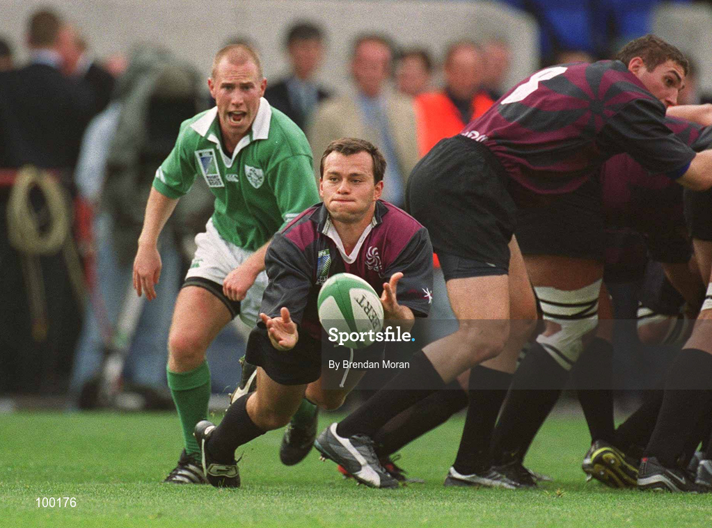 28 September 2002; Irakli Abusser of Georgia in action against Peter Stringer of Ireland during the Rugby World Cup 2003 Qualifier match between Ireland and Georgia at Lansdowne Road in Dublin. Photo by Brendan Moran/Sportsfile
