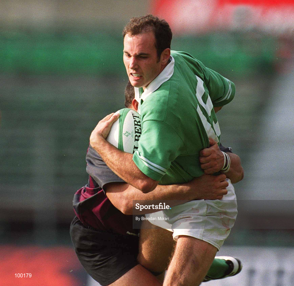 28 September 2002; Girvan Dempsey of Ireland in action against Mazkhaz Urjukashvili of Georgia during the Rugby World Cup 2003 Qualifier match between Ireland and Georgia at Lansdowne Road in Dublin. Photo by Brendan Moran/Sportsfile