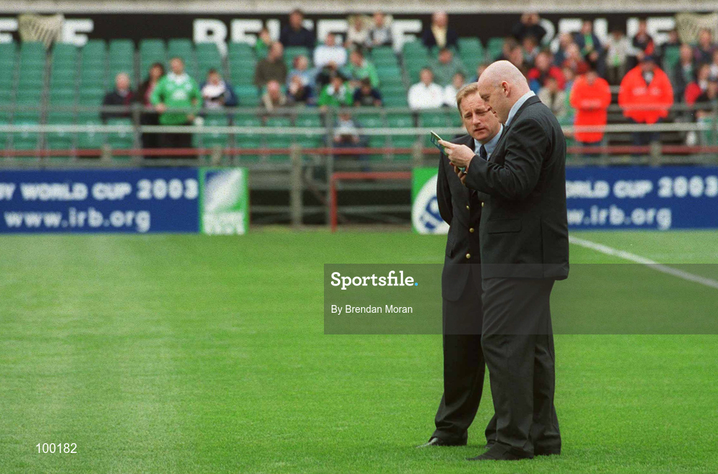 28 September 2002; Ireland head coach Eddie O'Sullivan, left, with injured captain Keith Wood prior to the Rugby World Cup 2003 Qualifier match between Ireland and Georgia at Lansdowne Road in Dublin. Photo by Brendan Moran/Sportsfile