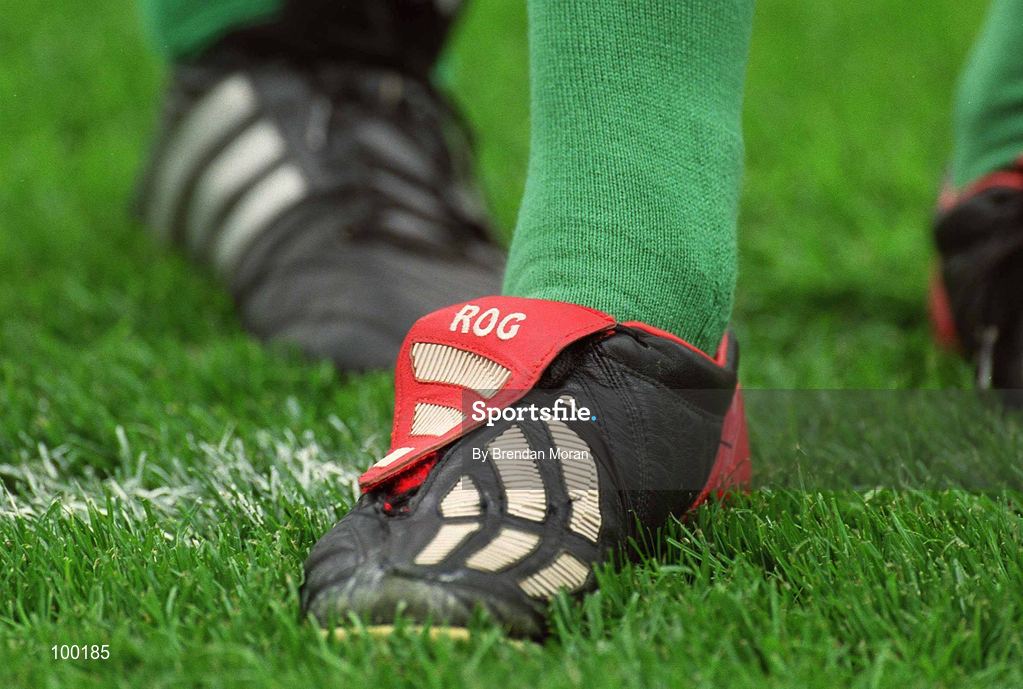 28 September 2002; The right boot of Ronan O'Gara of Ireland  with his initials inscribed on the tongue during the Rugby World Cup 2003 Qualifier match between Ireland and Georgia at Lansdowne Road in Dublin. Photo by Brendan Moran/Sportsfile