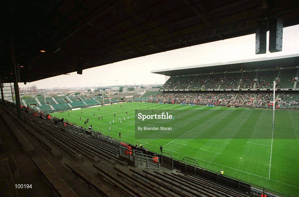 28 September 2002; Ireland kick off the match in front of an empty stand during the Rugby World Cup 2003 Qualifier match between Ireland and Georgia at Lansdowne Road in Dublin. Photo by Brendan Moran/Sportsfile