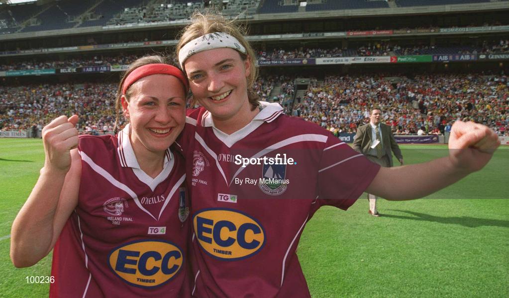 29 September 2002; Galway's Annette Clarke, right, and Aine Gilmore celebrate after the final whistle of the All-Ireland Ladies Junior Football Championship Final match between Galway and Donegal at Croke Park in Dublin. Photo by Ray McManus/Sportsfile