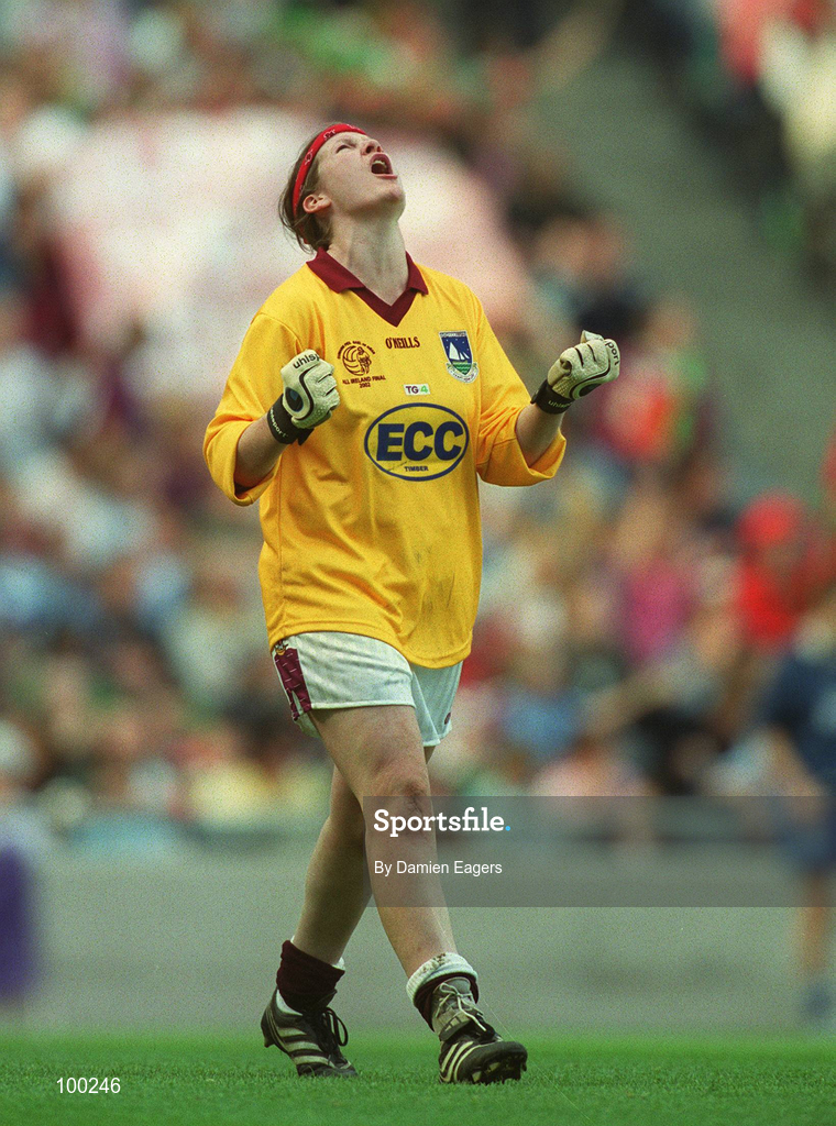 29 September 2002; Johanna Connolly of Galway celebrates at the final whistle of the All-Ireland Ladies Junior Football Championship Final match between Galway and Donegal at Croke Park in Dublin. Photo by Damien Eagers/Sportsfile