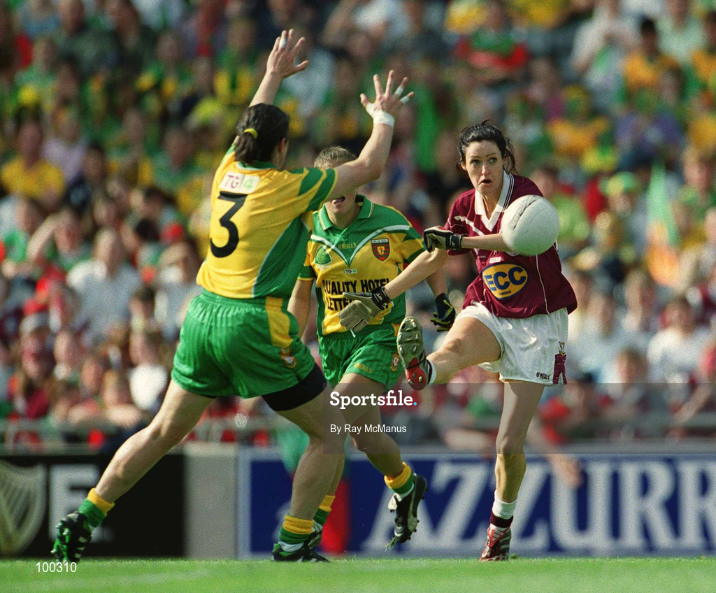 29 September 2002; Rita Kearney of Galway in action against Grace Meade of Donegal during the All-Ireland Ladies Junior Football Championship Final match between Galway and Donegal at Croke Park in Dublin. Photo by Ray McManus/Sportsfile