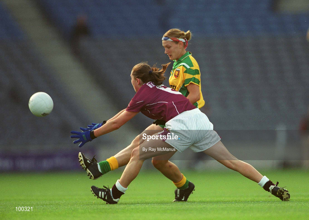 29 September 2002; Debbie Lee Fox of Donegal in action against Ruth Stephens of Galway during the All-Ireland Ladies Junior Football Championship Final match between Galway and Donegal at Croke Park in Dublin. Photo by Ray McManus/Sportsfile