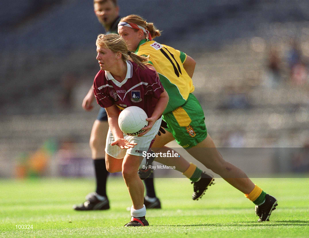 29 September 2002; Marie O'Connell of Galway in action against Debbie Lee Fox of Donegal during the All-Ireland Ladies Junior Football Championship Final match between Galway and Donegal at Croke Park in Dublin. Photo by Ray McManus/Sportsfile