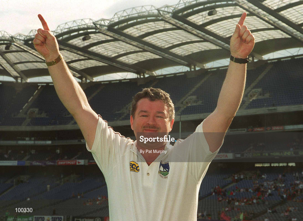 29 September 2002; Galway manager Con Moynihan celebrates at the final whistle of the All-Ireland Ladies Junior Football Championship Final match between Galway and Donegal at Croke Park in Dublin. Photo by Pat Murphy/Sportsfile