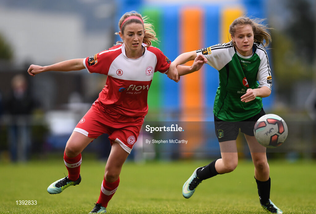 23 September 2017; Siobhan Killeen of Shelbourne Ladies in action against Heather Payne of Peamount United during the Continental Tyres Women's National League Cup Final match between Peamount United and Shelbourne Ladies at Greenogue in Dublin. Photo by Stephen McCarthy/Sportsfile