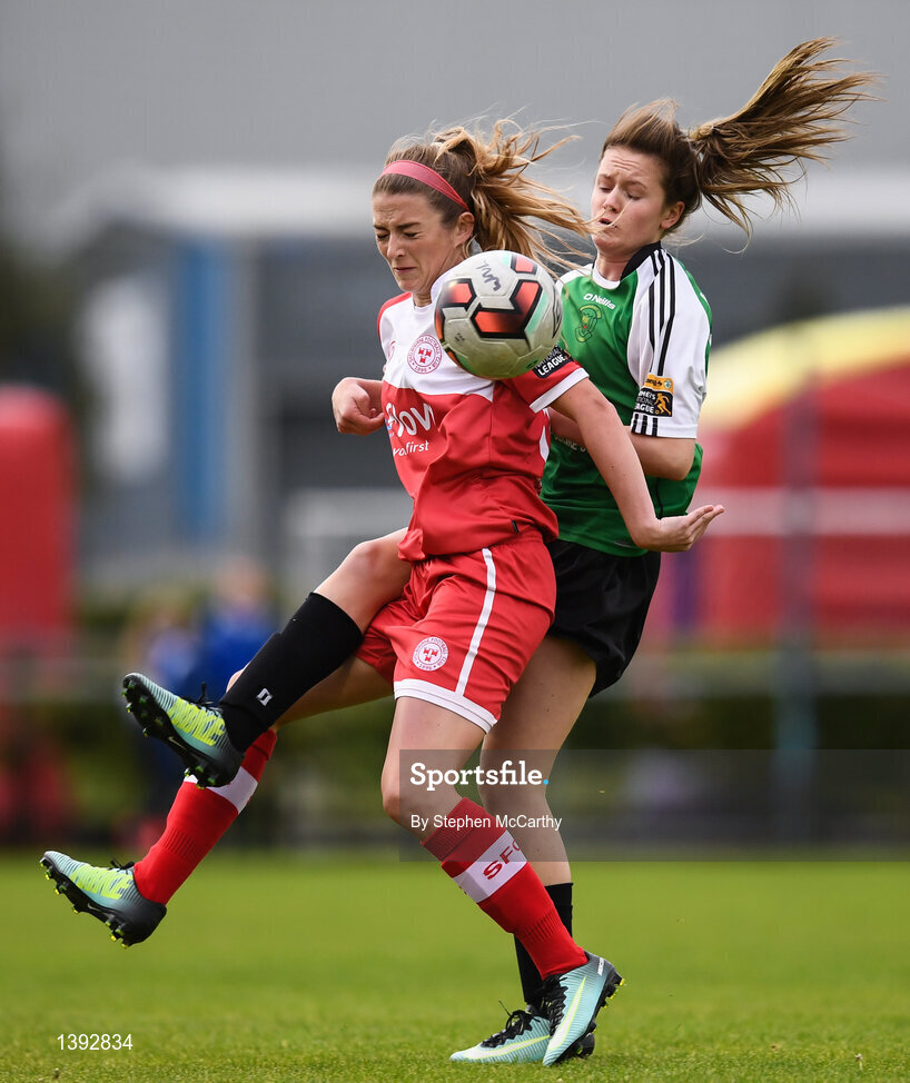 23 September 2017; Siobhan Killeen of Shelbourne Ladies in action against Heather Payne of Peamount United during the Continental Tyres Women's National League Cup Final match between Peamount United and Shelbourne Ladies at Greenogue in Dublin. Photo by Stephen McCarthy/Sportsfile
