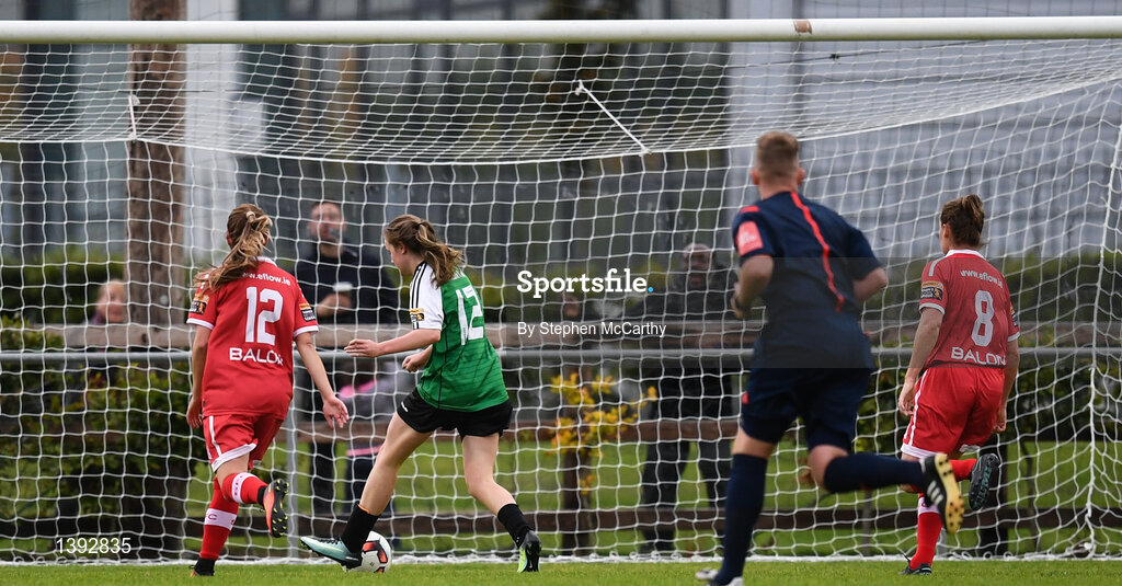 23 September 2017; Heather Payne of Peamount United shoots to score her side's first goal during the Continental Tyres Women's National League Cup Final match between Peamount United and Shelbourne Ladies at Greenogue in Dublin. Photo by Stephen McCarthy/Sportsfile