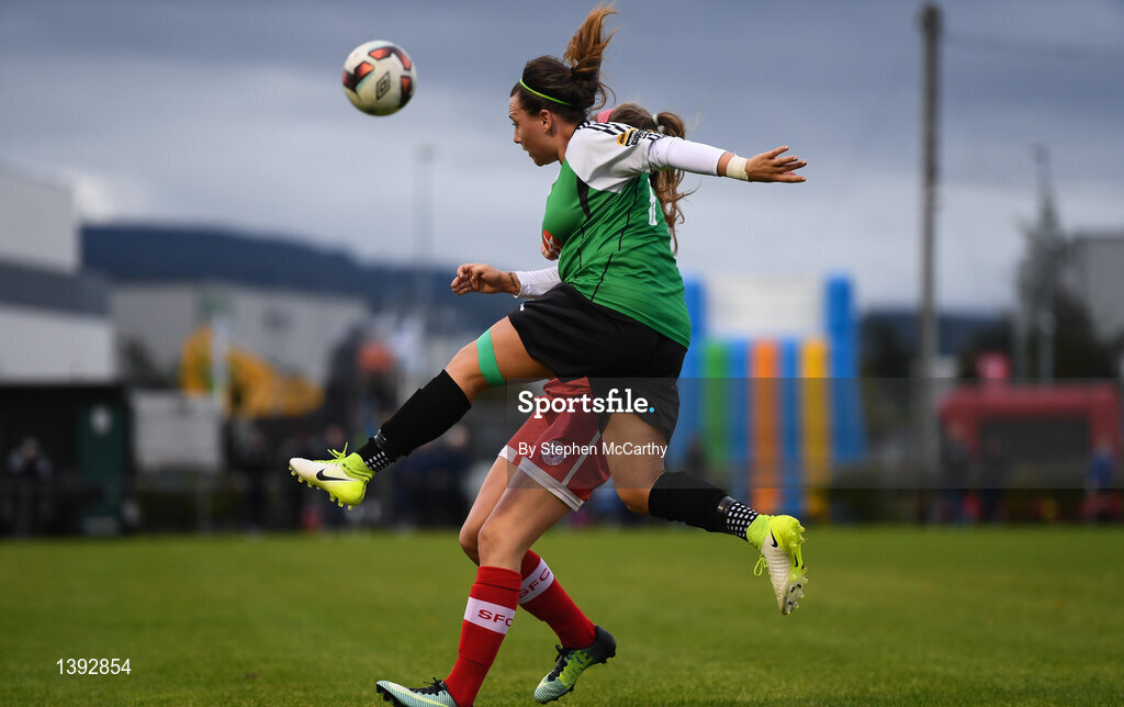 23 September 2017; Megan Lynch of Peamount United in action against Siobhan Killeen of Shelbourne Ladies during the Continental Tyres Women's National League Cup Final match between Peamount United and Shelbourne Ladies at Greenogue in Dublin. Photo by Stephen McCarthy/Sportsfile