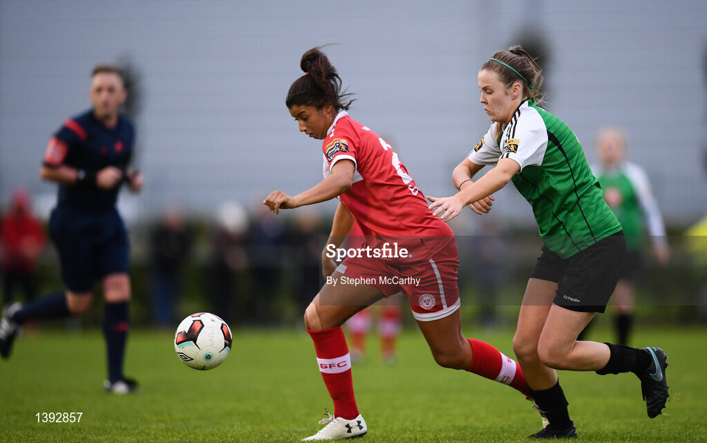 23 September 2017; Gloria Douglas of Shelbourne Ladies in action against Chloe Maloney of Peamount United during the Continental Tyres Women's National League Cup Final match between Peamount United and Shelbourne Ladies at Greenogue in Dublin. Photo by Stephen McCarthy/Sportsfile