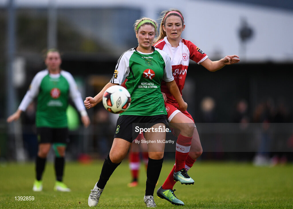 23 September 2017; Lauren Kealy of Peamount United in action against Siobhan Killeen of Shelbourne Ladies during the Continental Tyres Women's National League Cup Final match between Peamount United and Shelbourne Ladies at Greenogue in Dublin. Photo by Stephen McCarthy/Sportsfile