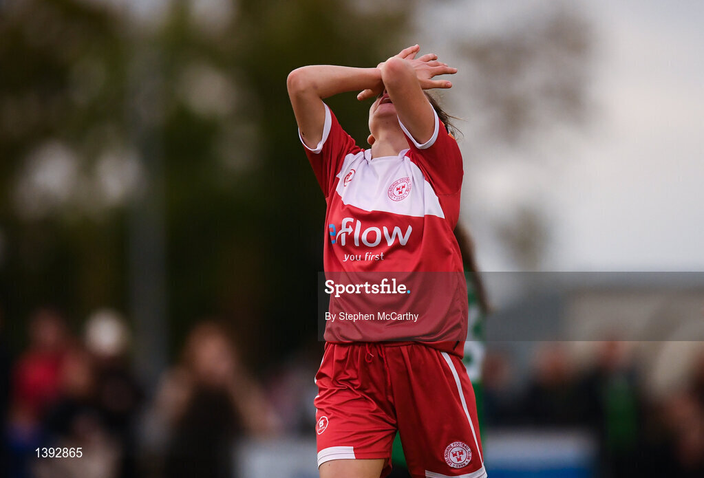 23 September 2017; Leanne Kiernan of Shelbourne Ladies reacts to a missed chance during the Continental Tyres Women's National League Cup Final match between Peamount United and Shelbourne Ladies at Greenogue in Dublin. Photo by Stephen McCarthy/Sportsfile