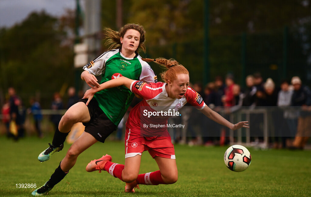 23 September 2017; Niamh Prior of Shelbourne Ladies in action against Heather Payne of Peamount United during the Continental Tyres Women's National League Cup Final match between Peamount United and Shelbourne Ladies at Greenogue in Dublin. Photo by Stephen McCarthy/Sportsfile