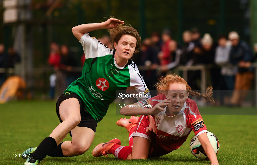 23 September 2017; Niamh Prior of Shelbourne Ladies in action against Heather Payne of Peamount United during the Continental Tyres Women's National League Cup Final match between Peamount United and Shelbourne Ladies at Greenogue in Dublin. Photo by Stephen McCarthy/Sportsfile
