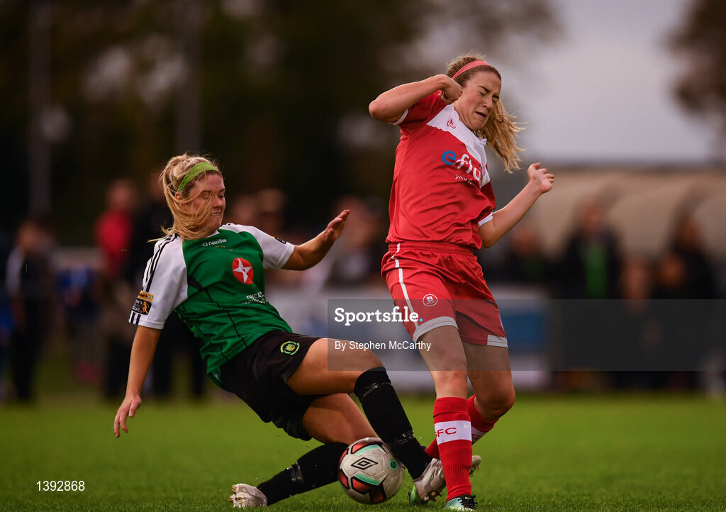 23 September 2017; Siobhan Killeen of Shelbourne Ladies in action against Lauren Kealy of Peamount United during the Continental Tyres Women's National League Cup Final match between Peamount United and Shelbourne Ladies at Greenogue in Dublin. Photo by Stephen McCarthy/Sportsfile