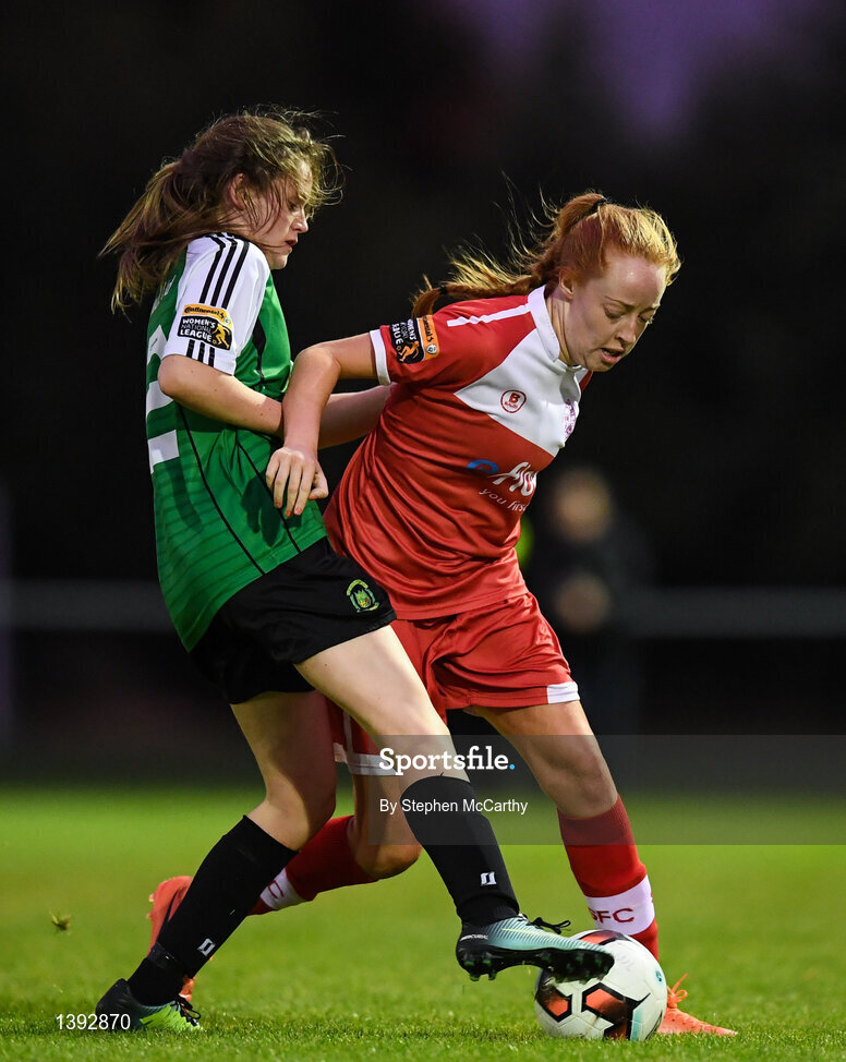 23 September 2017; Niamh Prior of Shelbourne Ladies in action against Heather Payne of Peamount United during the Continental Tyres Women's National League Cup Final match between Peamount United and Shelbourne Ladies at Greenogue in Dublin. Photo by Stephen McCarthy/Sportsfile