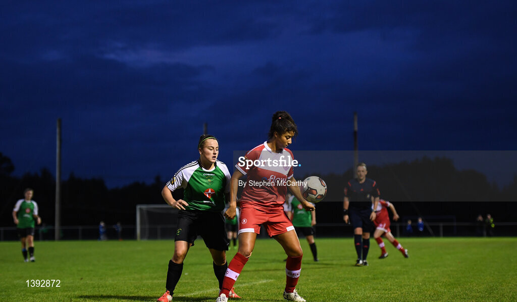 23 September 2017; Gloria Douglas of Shelbourne Ladies in action against Niamh Barnes of Peamount United during the Continental Tyres Women's National League Cup Final match between Peamount United and Shelbourne Ladies at Greenogue in Dublin. Photo by Stephen McCarthy/Sportsfile