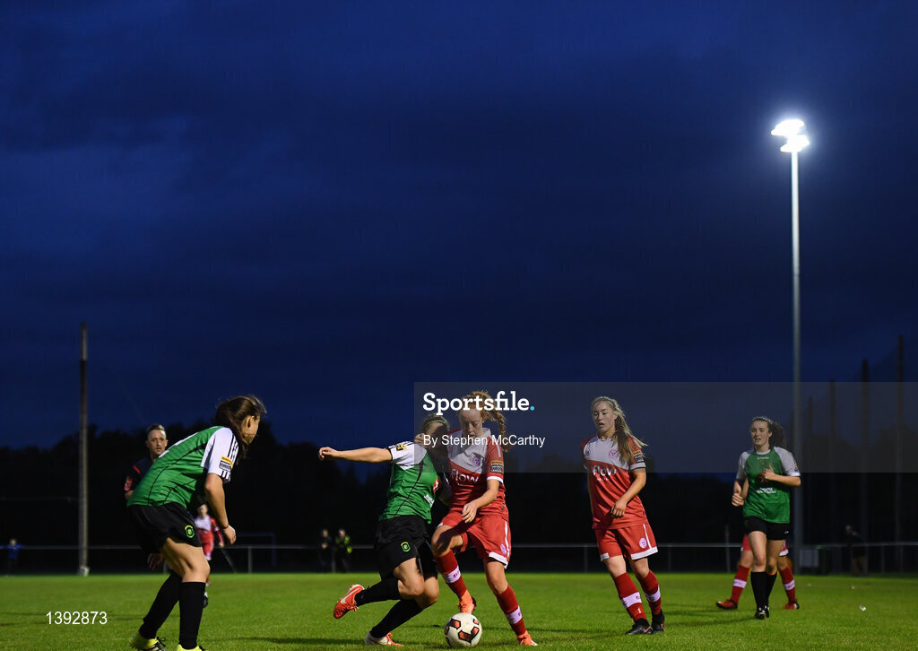 23 September 2017; Niamh Prior of Shelbourne Ladies in action against Niamh Barnes of Peamount United during the Continental Tyres Women's National League Cup Final match between Peamount United and Shelbourne Ladies at Greenogue in Dublin. Photo by Stephen McCarthy/Sportsfile