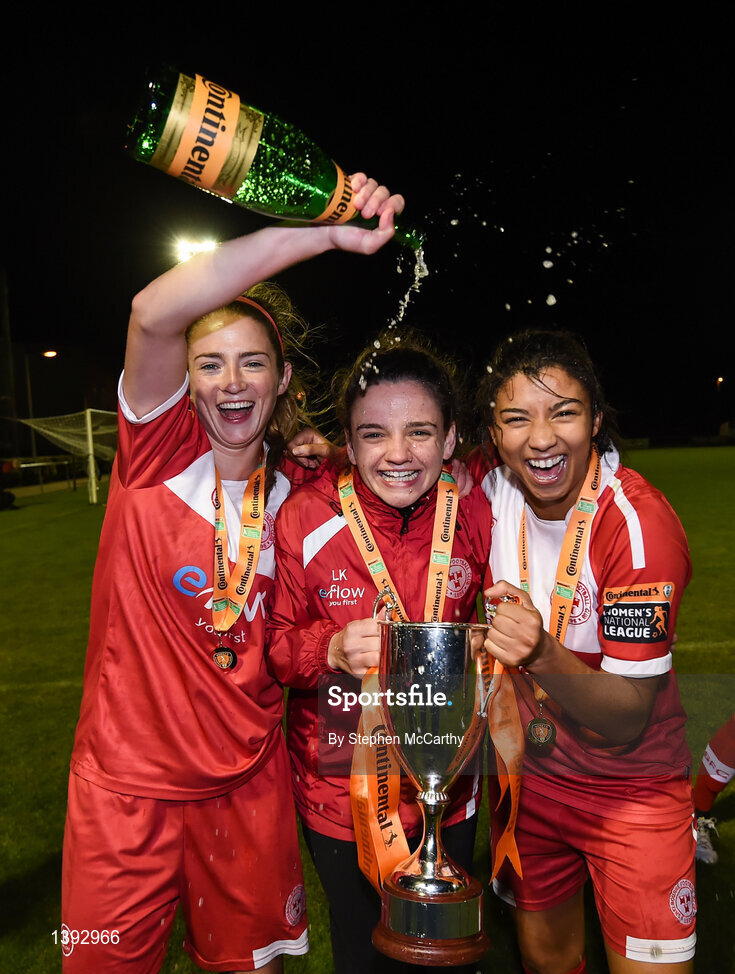 23 September 2017; Shelbourne Ladies players, from left, Siobhan Killeen, Leanne Kiernan and Gloria Douglas celebrate following the Continental Tyres Women's National League Cup Final match between Peamount United and Shelbourne Ladies at Greenogue in Dublin. Photo by Stephen McCarthy/Sportsfile
