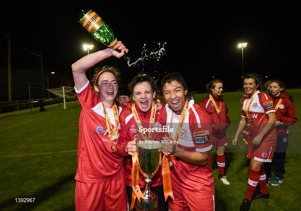 23 September 2017; Shelbourne Ladies players, from left, Siobhan Killeen, Leanne Kiernan and Gloria Douglas celebrate following the Continental Tyres Women's National League Cup Final match between Peamount United and Shelbourne Ladies at Greenogue in Dublin. Photo by Stephen McCarthy/Sportsfile