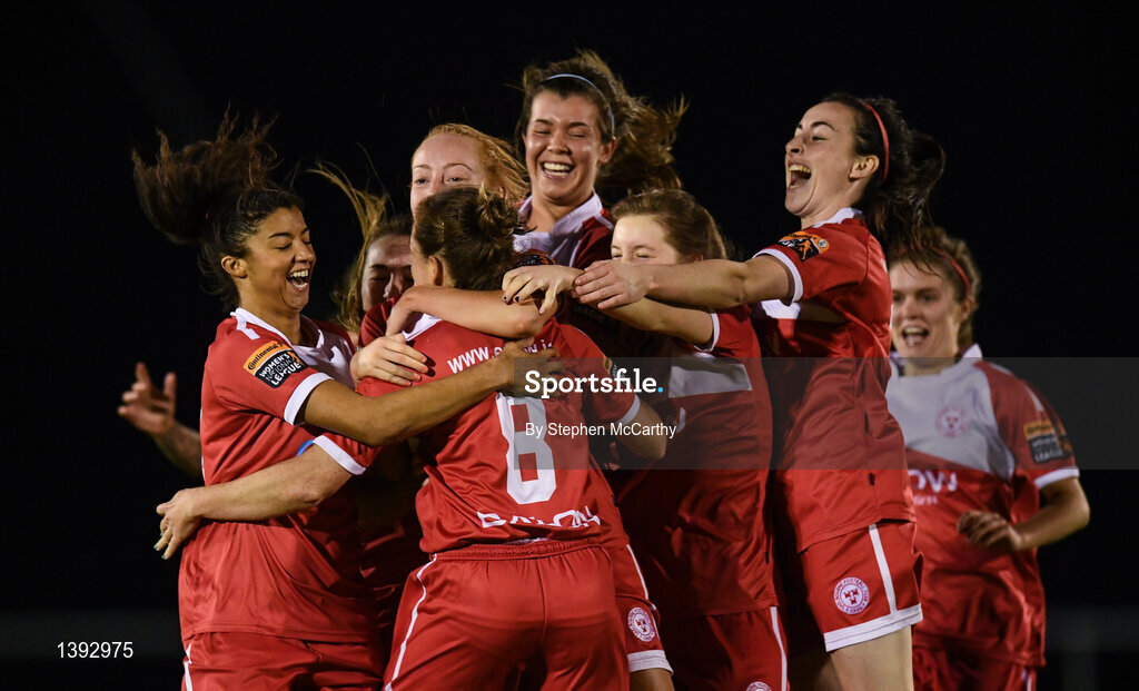 23 September 2017; Shelbourne Ladies players celebrate with Rachel Graham, 8, after she scored their winning penalty of the penalty shoot-out during the Continental Tyres Women's National League Cup Final match between Peamount United and Shelbourne Ladies at Greenogue in Dublin. Photo by Stephen McCarthy/Sportsfile
