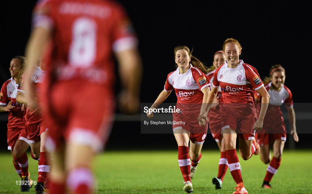 23 September 2017; Shelbourne Ladies players, including Niamh Prior rush to celebrate with Rachel Graham, 8, after she scored their winning penalty of the penalty shoot-out during the Continental Tyres Women's National League Cup Final match between Peamount United and Shelbourne Ladies at Greenogue in Dublin. Photo by Stephen McCarthy/Sportsfile