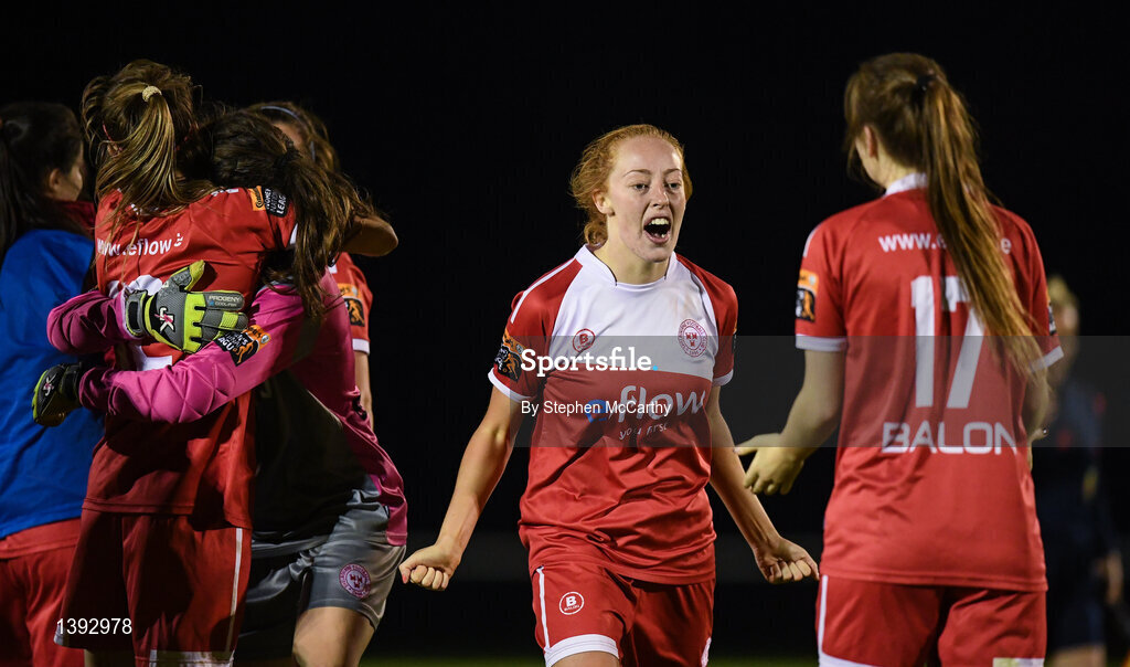 23 September 2017; Niamh Prior and Kate Mooney of Shelbourne Ladies celebrate following the Continental Tyres Women's National League Cup Final match between Peamount United and Shelbourne Ladies at Greenogue in Dublin. Photo by Stephen McCarthy/Sportsfile
