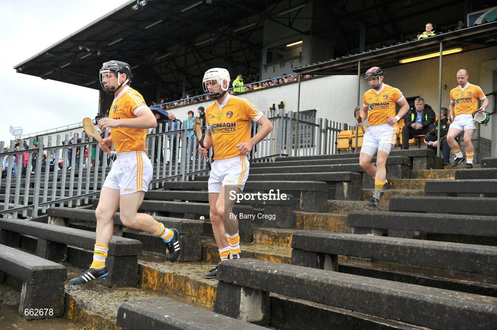 8 July 2012; Antrim players from left, Neil McAuley, Johnny Campbell, Neil McGarry and Barry McFall make their way to the pitch before the game. Ulster GAA Hurling Senior Championship Final, Antrim v Derry, Casement Park, Belfast, Co. Antrim. Picture credit: Barry Cregg / SPORTSFILE