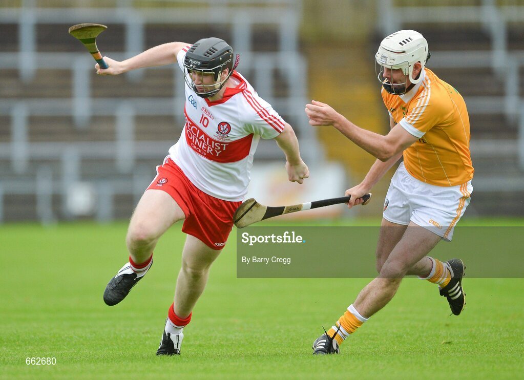 8 July 2012; Alan Grant, Derry, in action against Johnny Campbell, Antrim. Ulster GAA Hurling Senior Championship Final, Antrim v Derry, Casement Park, Belfast, Co. Antrim. Picture credit: Barry Cregg / SPORTSFILE