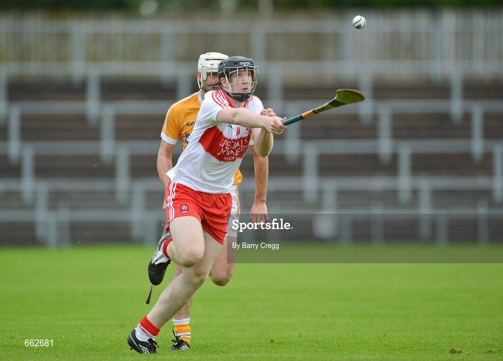 8 July 2012; Alan Grant, Derry, in action against Johnny Campbell, Antrim. Ulster GAA Hurling Senior Championship Final, Antrim v Derry, Casement Park, Belfast, Co. Antrim. Picture credit: Barry Cregg / SPORTSFILE