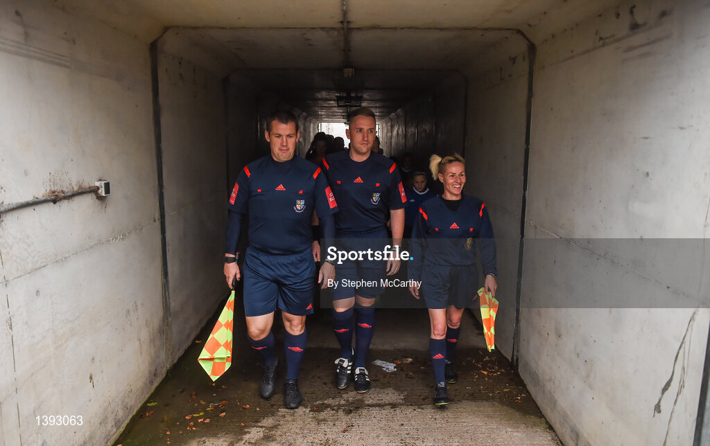 23 September 2017; Match officials lead the team out prior to the Continental Tyres Women's National League Cup Final match between Peamount United and Shelbourne Ladies at Greenogue in Dublin. Photo by Stephen McCarthy/Sportsfile