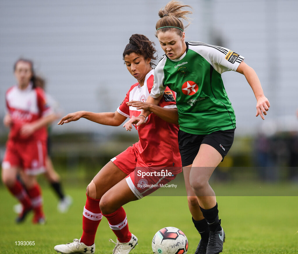 23 September 2017; Chloe Maloney of Peamount United in action against Gloria Douglas of Shelbourne Ladies during the Continental Tyres Women's National League Cup Final match between Peamount United and Shelbourne Ladies at Greenogue in Dublin. Photo by Stephen McCarthy/Sportsfile