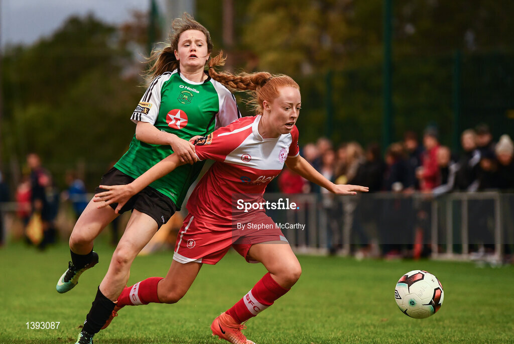 23 September 2017; Niamh Prior of Shelbourne Ladies in action against Heather Payne of Peamount United during the Continental Tyres Women's National League Cup Final match between Peamount United and Shelbourne Ladies at Greenogue in Dublin. Photo by Stephen McCarthy/Sportsfile