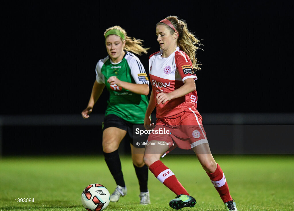 23 September 2017; Siobhan Killeen of Shelbourne Ladies in action against Lauren Kealy of Peamount United during the Continental Tyres Women's National League Cup Final match between Peamount United and Shelbourne Ladies at Greenogue in Dublin. Photo by Stephen McCarthy/Sportsfile